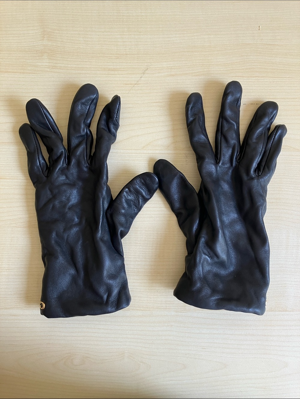 Coach Women Black Leather Gloves with Subtle Brass Accent